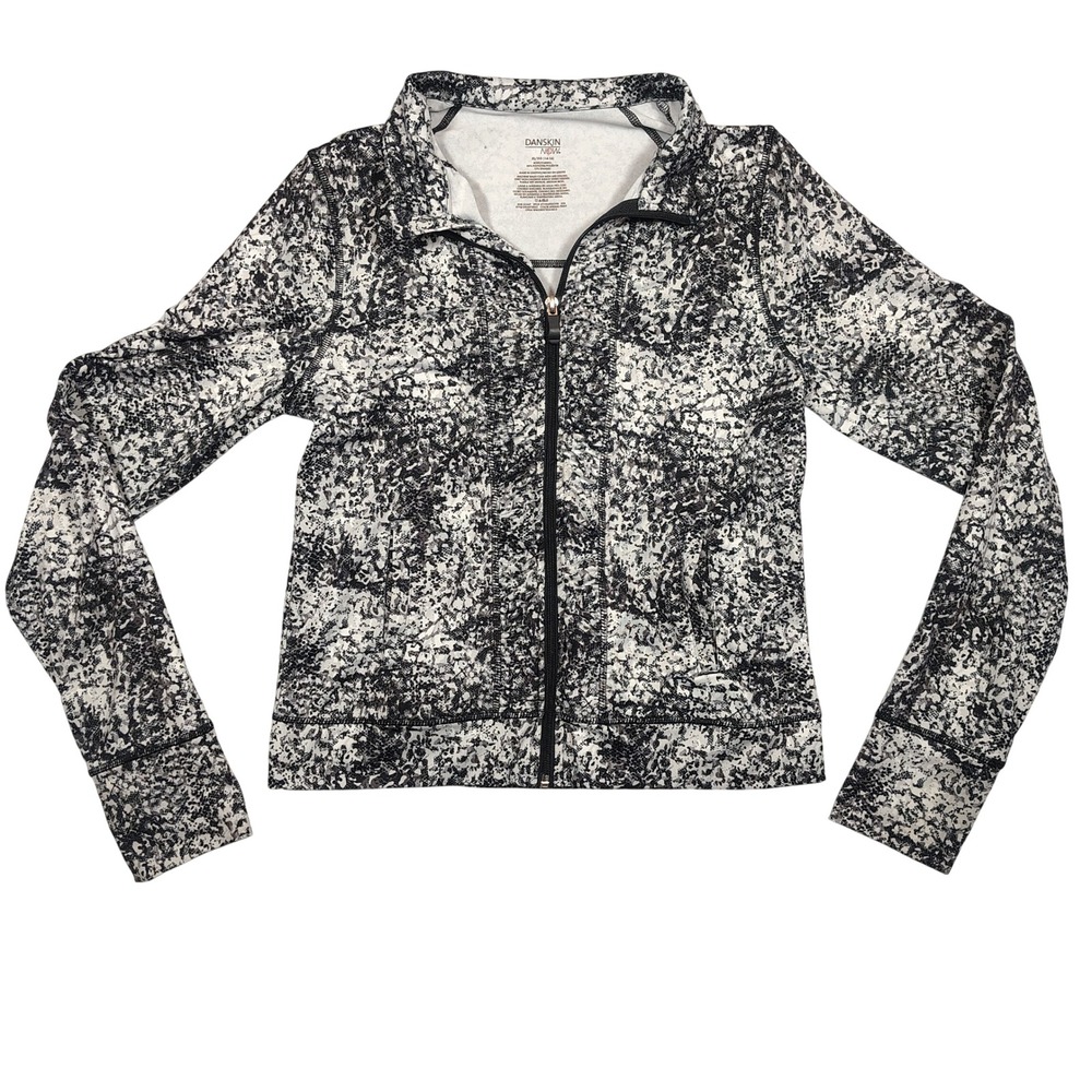 Danskin Now Jacket Women XL Black White Animal Print Thumbholes Spandex Blend‎